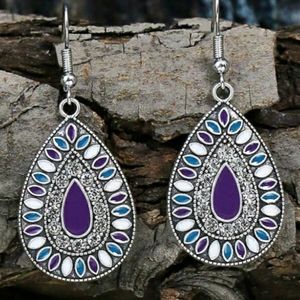 NEW Boho Silver Teal White Teardrop Earrings with Rhinestones